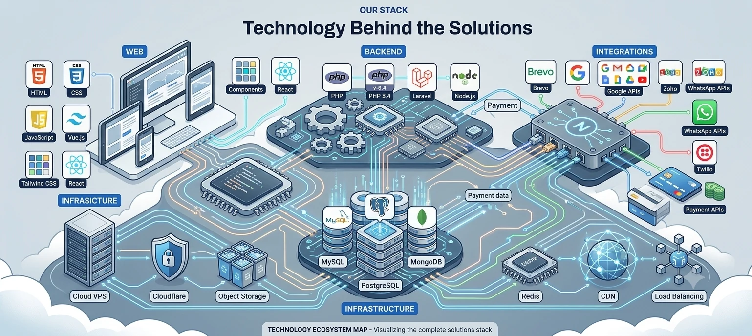 Induniva technology stack — web, backend, data, integrations and infrastructure